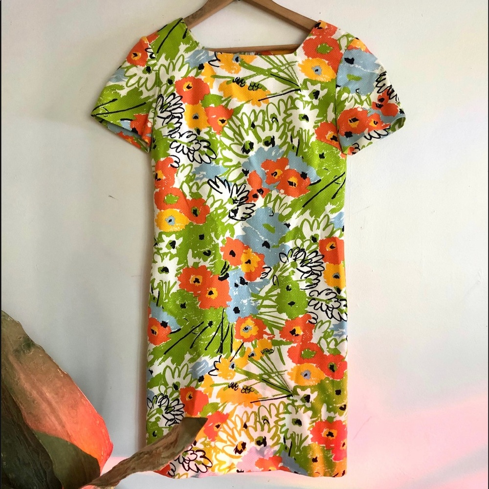 Vintage style 60s 70s short dress flower power orange green mid century cute